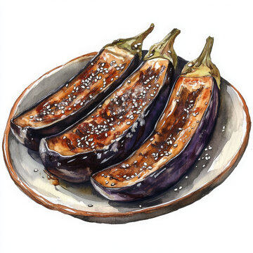 roasted eggplants on plate, watercolor style clip art preview