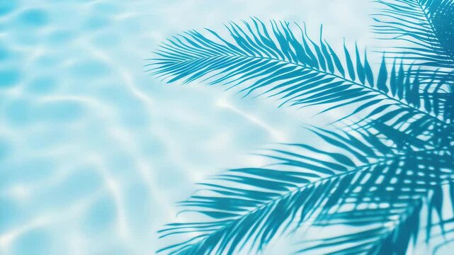 Reflection of palm tree shadows on the surface of a clear blue swimming pool under sunlight
