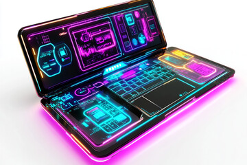 3D Style Cyberpunk-Inspired Laptop Ad with Glowing Highlights