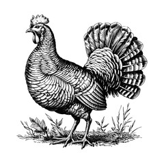 Vintage turkey poultry, emblem engraving, monochrome vector illustration, old engraving style, black and white sketch, farm animal illustration, hand drawn turkey, Thanksgiving bird