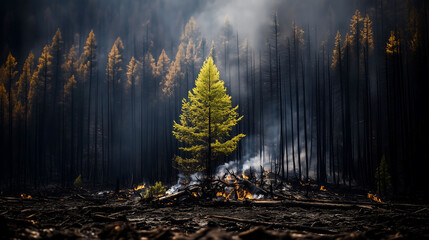 A survivor tree from forest devastated by wildfires, Deforestation, Wildfires have a huge impact on the environment and ecosystem, Global Warming, Climate change concept