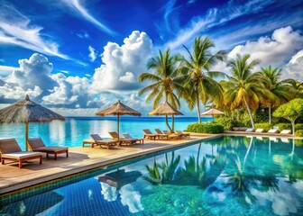 Obraz premium Maldives Resort: Luxury Poolside Relaxation, Tropical Paradise, Stunning Ocean Views, Travel Photography