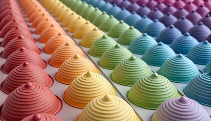 Fototapeta premium Rainbow Harmony: Rows of vibrant, cone-shaped structures arranged in a spectrum of colors, creating a mesmerizing display of art and design.