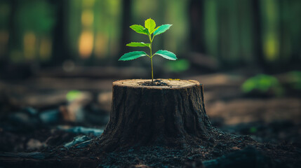 A tree seedling growing from a cut trunk in a burned forest, symbolizing new life, beginnings in environment and ecosystem. Deforestation impact concept