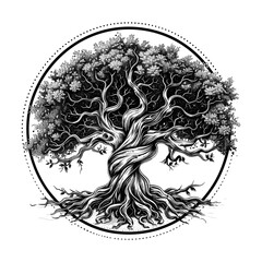 Tree of life, intertwining roots and branches, vintage engraving, logo, emblem, woodcut, black and white line art, old engraving style, hand drawn tree, antique tree illustration
