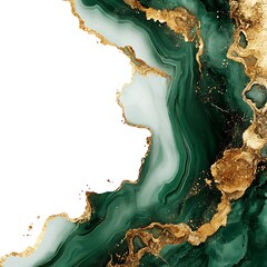 Abstract emerald green and gold fluid art with white background space
