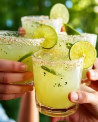 Cinco de Mayo celebration outdoor. Friends toasting with refreshing margaritas garnished with lime and salt, outdoors in bright, sunny weather.
