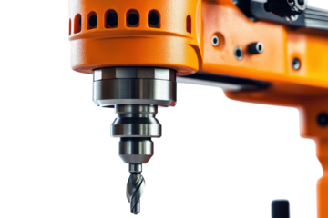 Precision orange drill bit close up sharp focus industrial tool detail white background