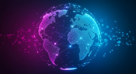 Digital earth globe with network connections in blue and purple glowing on a dark background