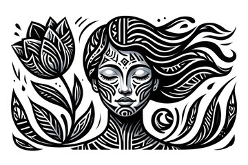 Bold Tribal Woman Holding Tulip Surrounded by Intricate Patterns  