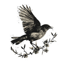 Bird in motion, landing gracefully on olive branch, minimalist black sketch, vintage style, retro engraving artwork, peaceful nature art, trendy vintage bird design, fine line drawing