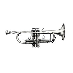 Naklejka premium A detailed illustration of a trumpet, depicted in profile against a stark black background.