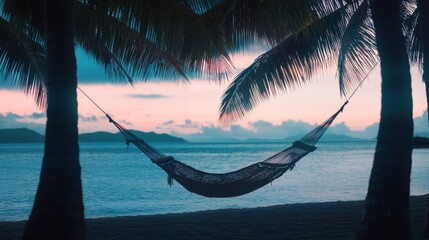 Fototapeta premium A serene tropical beach with a hammock swaying between palm trees. The sun sets, painting the sky in vivid colors. This is a perfect getaway spot. Generative AI
