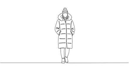 Obraz premium Minimalist line drawing of a person walking in a winter coat 