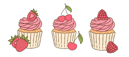 Set of cupcakes with strawberries, cherries and raspberries. Isolated vector illustrations for poster, banner, postcard, advertising, menu, packaging.