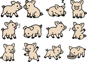 Cute Piglet Cartoon Illustration Set