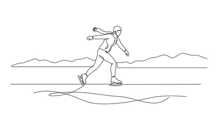 Figure skater gliding gracefully on ice against mountain backdrop  