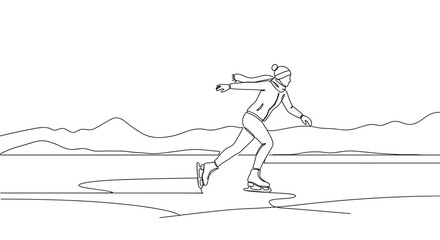 Skater enjoying winter ice skating on frozen lake landscape  