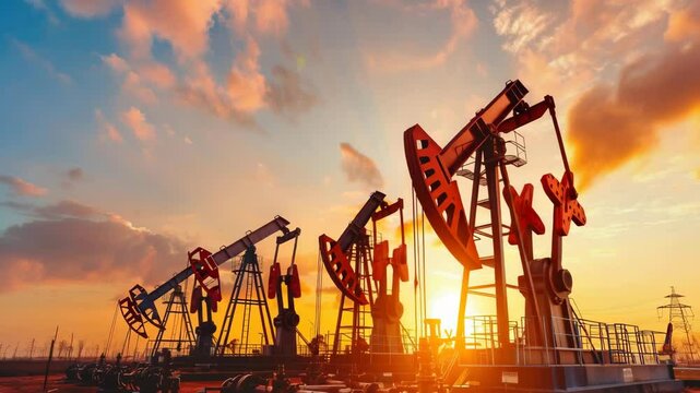 Business. Energy mining platform. Oil rigs in an oil field for extraction of fossil fuels and crude oil from underground. Tower with pump for fossil resources. Drilling ground research. Industrial oil