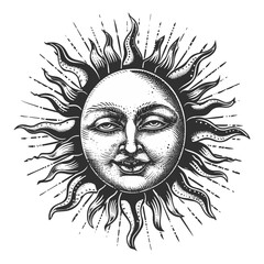 Isoteric vector illustration, sun with face, vintage black engraving, old sketch style, trendy emblem, retro celestial art, boho sun logo, mystical solar symbol, antique artwork