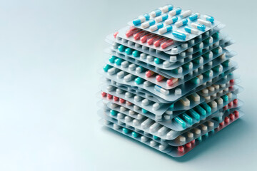 A stack of blisters with different tablets. Space for text.