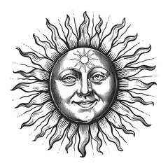 Sun with a face, vintage sketch, black and white engraving, outline vector, old engraving style, trendy icon, celestial sun drawing, retro vintage emblem, antique sun artwork
