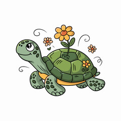 Naklejka premium Cartoon doodle sticker of a friendly turtle with flowers on its shell, playful lines