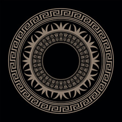 Vector round golden classic frame. Greek floral and key meander. Typical egyptian, assyrian, greek, cinesi motives. Patterns of Greece, ancient Rome. Circle european border. Round antique border. 