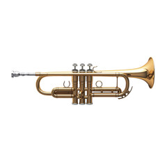 Naklejka premium A polished brass trumpet angled, highlighted against a dark background.