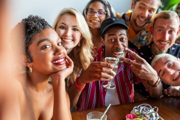 Group of diverse friends taking a selfie. Smiling faces, casual attire, and joyful expressions. Celebrating together, capturing happy moments. Friends celebrating at birthday party.