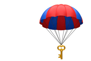 The key with a parachute is red and blue. Space for text.
