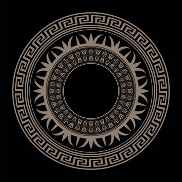 Vector round golden classic frame. Greek floral and key meander. Typical egyptian, assyrian, greek, cinesi motives. Patterns of Greece, ancient Rome. Circle european border. Round antique border. 