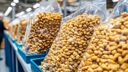 Bulk Bags of Golden Crispy Snack Pellets in Warehouse Setting