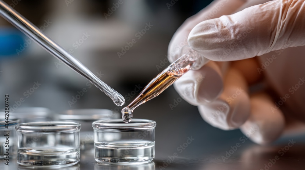 Poster in a modern laboratory, a skilled scientist delicately handles a pipette during a complex experiment
