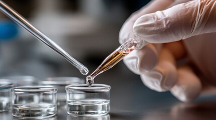 In a modern laboratory, a skilled scientist delicately handles a pipette during a complex experiment. Pristine white gloves ensure safety and accuracy as solutions are prepared for analysis
