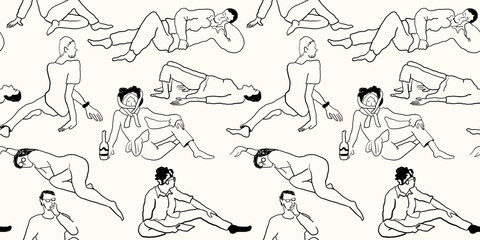 seamless pattern with doing exercise people in hand drawn sketching style in vector. Element for poster wallpaper background wrapping textile prints postcard packaging