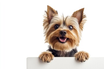 Ð¡ute adult dog yorkshire terrier hold in front paws a wireframe - large white drive sign. Isolated dog on a solid clothing pure white background. Smiling pet for promo. Dog holding sign.
