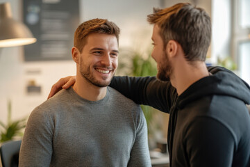 men smiling and talking in an office.