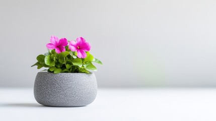 Pink Flowers in Stone Pot Minimalist Style High-Resolution Soft Lighting Wide Shot Textured Surface Peaceful Serenity White Background Calm Hues Perfect for Wellness Blogs