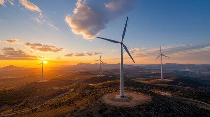 "Sunset Wind Farm on Mountain Summit"