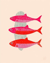 Colorful fish swim in playful arrangement against soft backgroun
