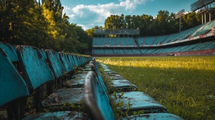 An empty sports stadium reveals overgrown grass and deteriorating seats, highlighting the effects of neglect and lack of events. The once vibrant venue now stands quiet and forgotten