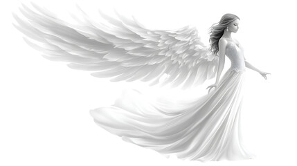Graceful angel in flowing white attire with wings.