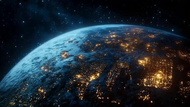 Earth from Space at Night with Illuminated Cities and Glowing Lights Across the Planet

