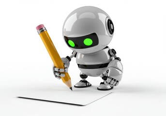 Robot writing with a pencil isolated on white background
