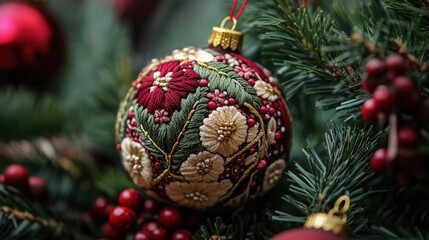 Exquisite embroidered Christmas ornament adorns a festive tree.