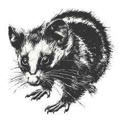 Vintage possum icon, old engraving emblem, trendy black sketch, wildlife logo, retro animal illustration, possum badge, antique possum artwork, rustic wildlife design, possum sign