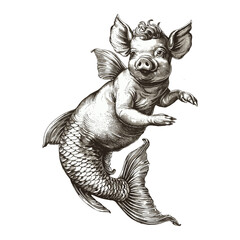 Vintage pig mermaid, fish tail piglet, monochrome vector engraving, old black sketch, trendy logo, animal hybrid emblem, retro style, unique design, animal art, creative icon
