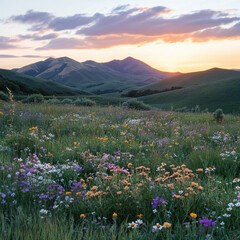 Fototapeta premium Wildflowers in vibrant hues contrast against majestic mountains under a breathtaking sunset sky.