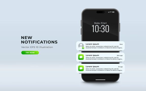 Pop-up push notification template on smartphone screen, vector illustration.